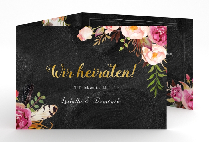 Hochzeitseinladung Flowers A6 Doppel-Klappkarte gold mit bunten Aquarell-Blumen