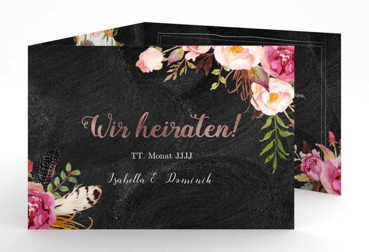 Hochzeitseinladung Flowers A6 Doppel-Klappkarte rosegold mit bunten Aquarell-Blumen