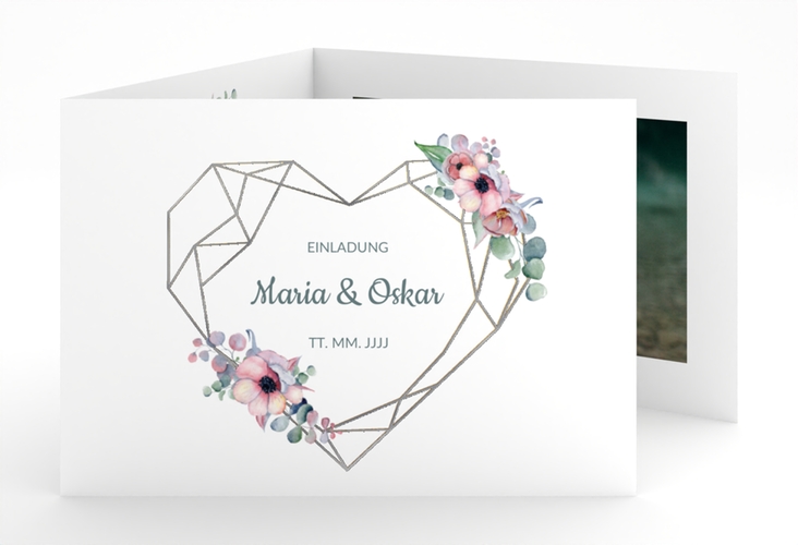 Hochzeitseinladung Herzgold A6 Doppel-Klappkarte silber