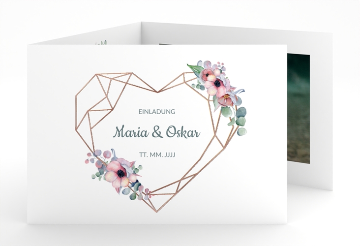 Hochzeitseinladung Herzgold A6 Doppel-Klappkarte rosegold