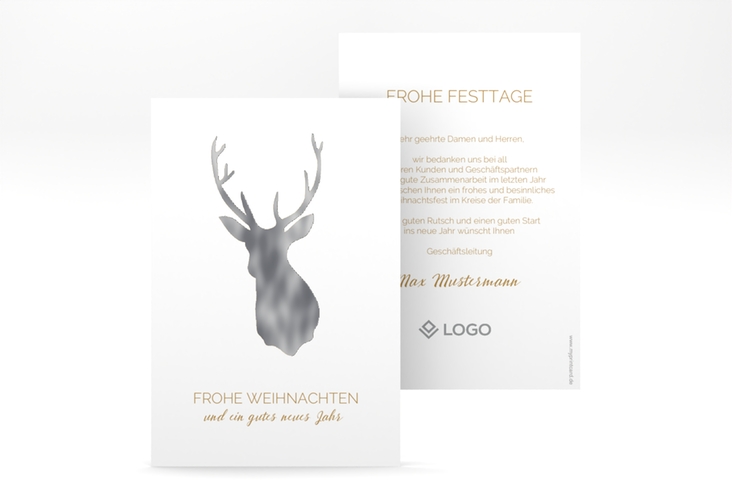 Geschäftliche Weihnachtskarte Deer A6 Karte hoch silber und weiß mit Hirsch