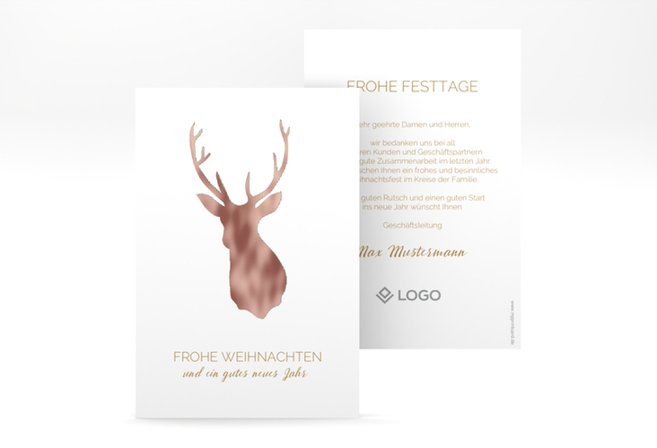 Geschäftliche Weihnachtskarte Deer A6 Karte hoch rosegold und weiß mit Hirsch