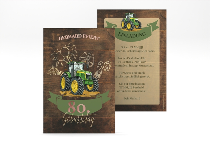 Einladung 80. Geburtstag Bulldog A6 Karte hoch rosegold