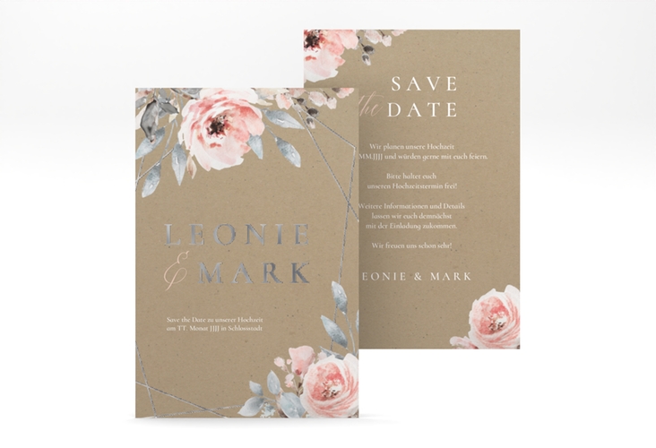 Save the Date-Karte Perfection A6 Karte hoch silber mit rosa Rosen