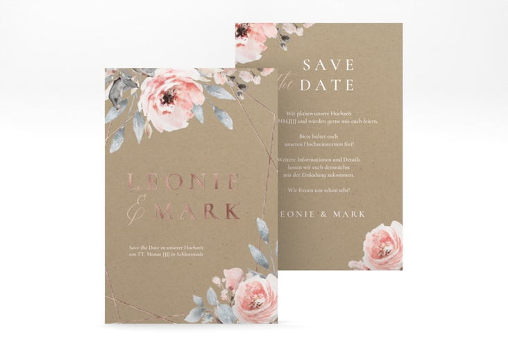 Save the Date-Karte Perfection A6 Karte hoch rosegold mit rosa Rosen