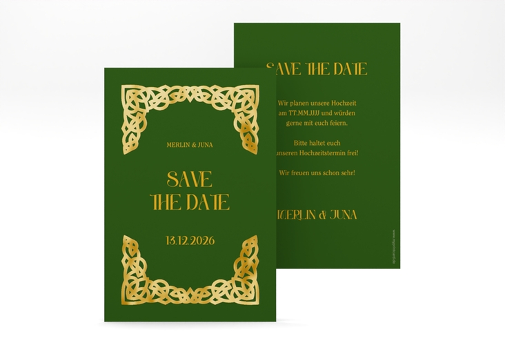 Save the Date-Karte Celtic A6 Karte hoch gold mit keltischem Knoten in irischen Farben