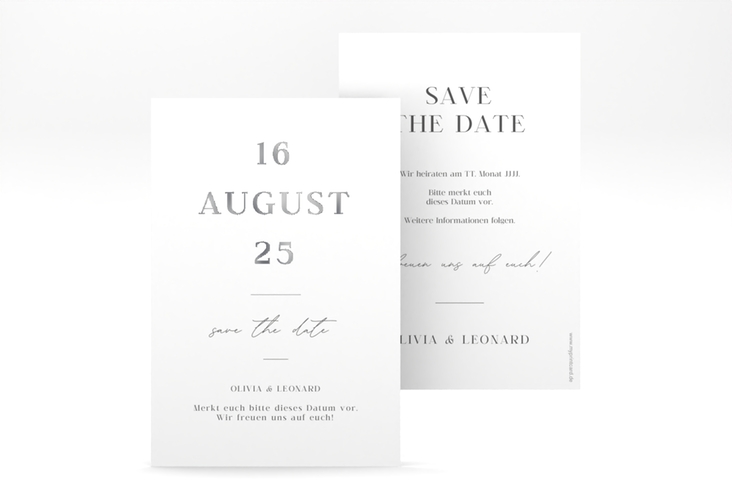 Save the Date-Karte Authentisch A6 Karte hoch silber in schlichtem Design mit großem Hochzeitsdatum