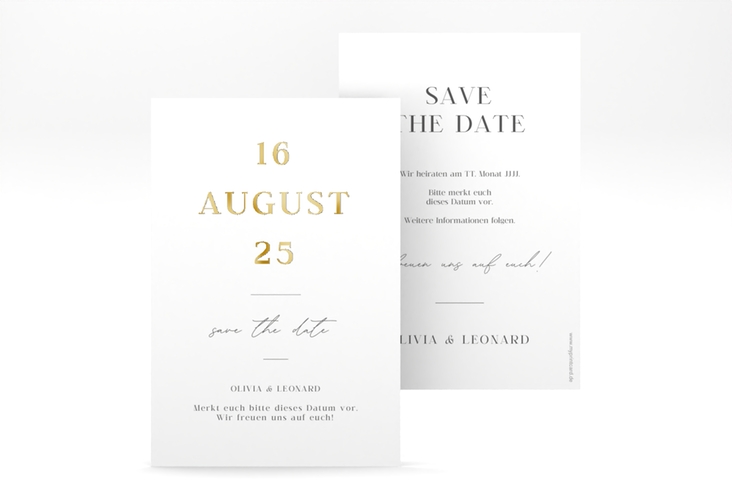 Save the Date-Karte Authentisch A6 Karte hoch gold in schlichtem Design mit großem Hochzeitsdatum