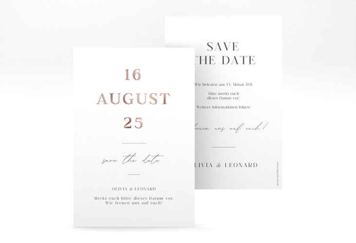 Save the Date-Karte Authentisch A6 Karte hoch rosegold in schlichtem Design mit großem Hochzeitsdatum