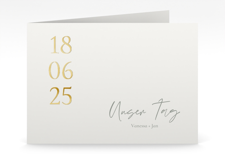 Hochzeitseinladung Day mittlere Klappkarte quer weiss gold mit Datum im minimalistischen Design