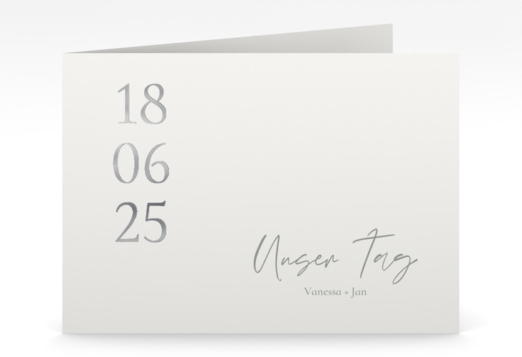 Hochzeitseinladung Day mittlere Klappkarte quer weiss silber mit Datum im minimalistischen Design