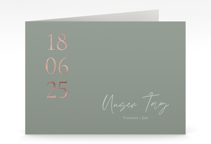 Hochzeitseinladung Day mittlere Klappkarte quer gruen rosegold mit Datum im minimalistischen Design