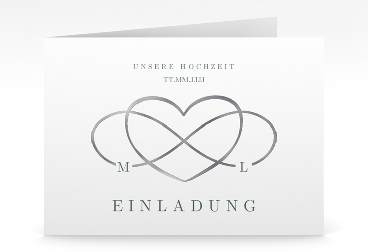 Hochzeitseinladung Infinity mittlere Klappkarte quer gruen silber