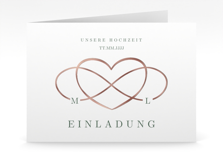 Hochzeitseinladung Infinity mittlere Klappkarte quer gruen rosegold