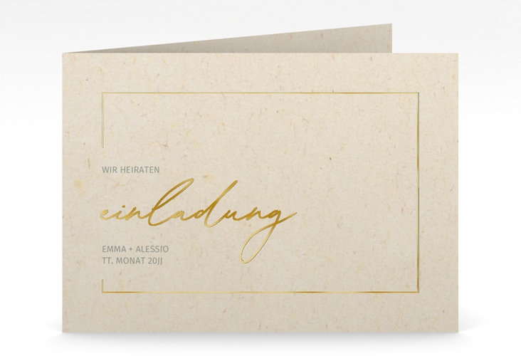 Hochzeitseinladung Simple Line mittlere Klappkarte quer beige gold