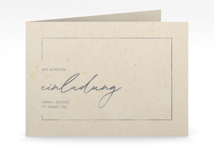 Hochzeitseinladung Simple Line mittlere Klappkarte quer beige silber