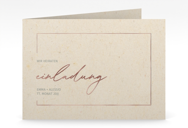 Hochzeitseinladung Simple Line mittlere Klappkarte quer beige rosegold