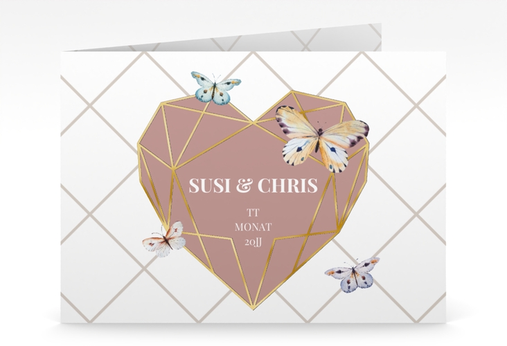 Hochzeitseinladung Butterfly mittlere Klappkarte quer weiss gold mit Schmetterlingen und Herz im Geometric Design