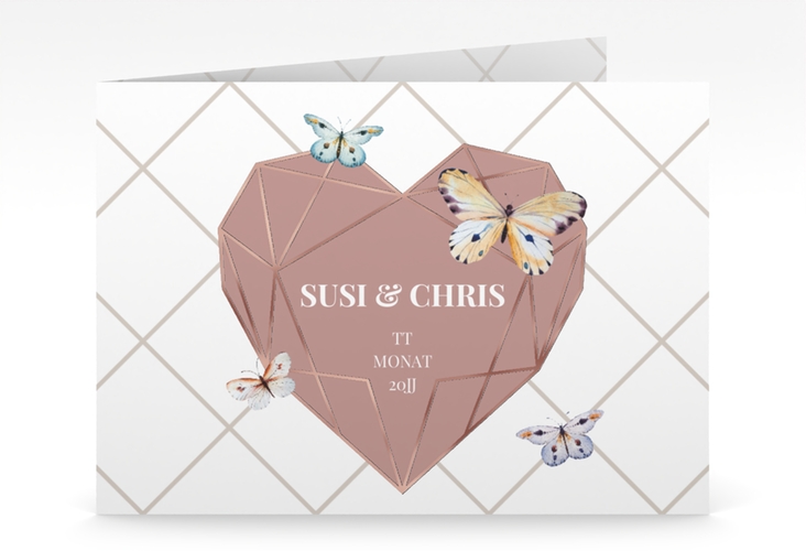 Hochzeitseinladung Butterfly mittlere Klappkarte quer weiss rosegold mit Schmetterlingen und Herz im Geometric Design