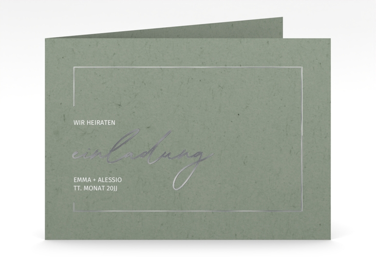Hochzeitseinladung Simple Line mittlere Klappkarte quer gruen silber