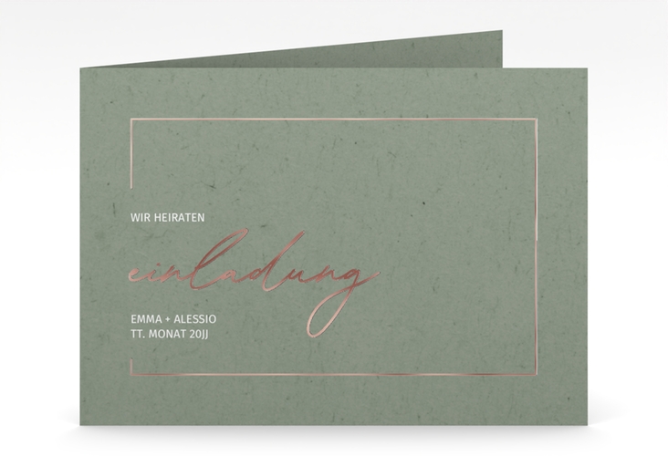 Hochzeitseinladung Simple Line mittlere Klappkarte quer gruen rosegold