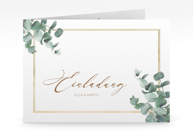 Hochzeitseinladung "Eucalypt" mittlere Klappkarte quer weiss gold mit Eukalyptus und edlem Rahmen