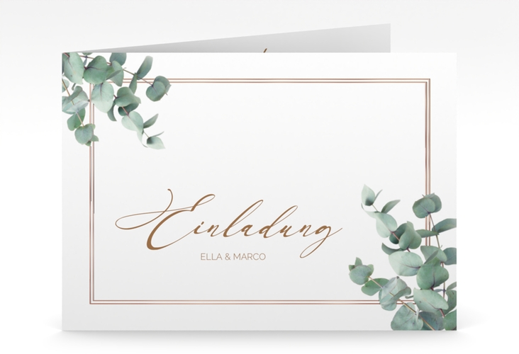 Hochzeitseinladung Eucalypt mittlere Klappkarte quer weiss rosegold mit Eukalyptus und edlem Rahmen