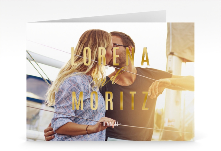 Hochzeitseinladung Memory mittlere Klappkarte quer weiss gold