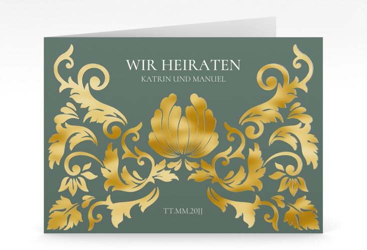 Hochzeitseinladung Royal mittlere Klappkarte quer gruen gold mit barockem Blumen-Ornament