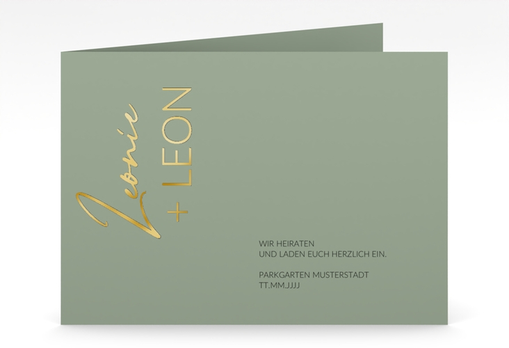Hochzeitseinladung Your Name mittlere Klappkarte quer gruen gold