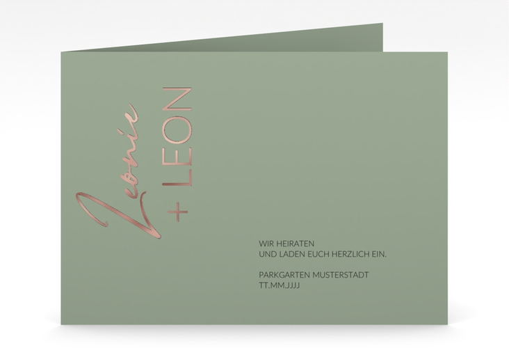 Hochzeitseinladung Your Name mittlere Klappkarte quer gruen rosegold