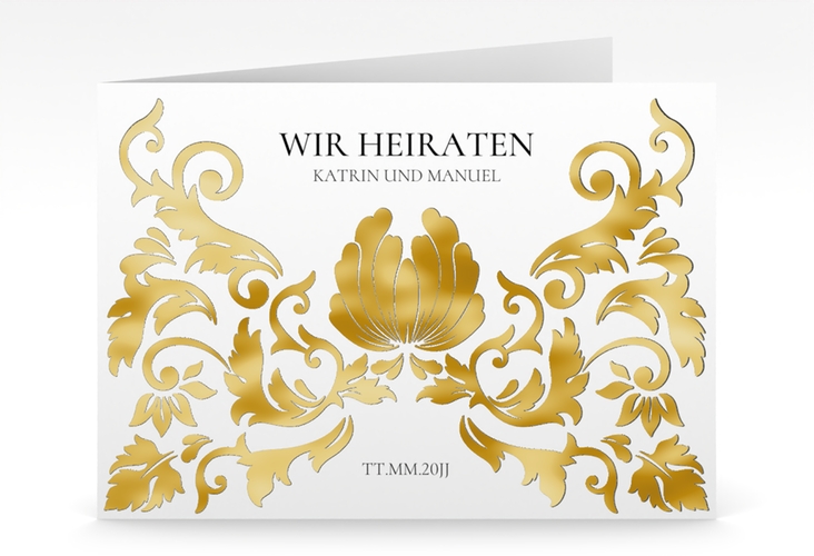 Hochzeitseinladung Royal mittlere Klappkarte quer weiss gold mit barockem Blumen-Ornament