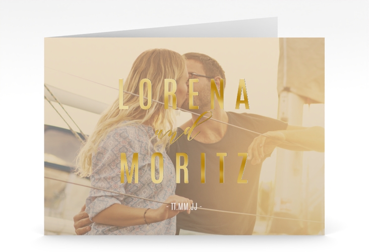 Hochzeitseinladung Memory mittlere Klappkarte quer beige gold
