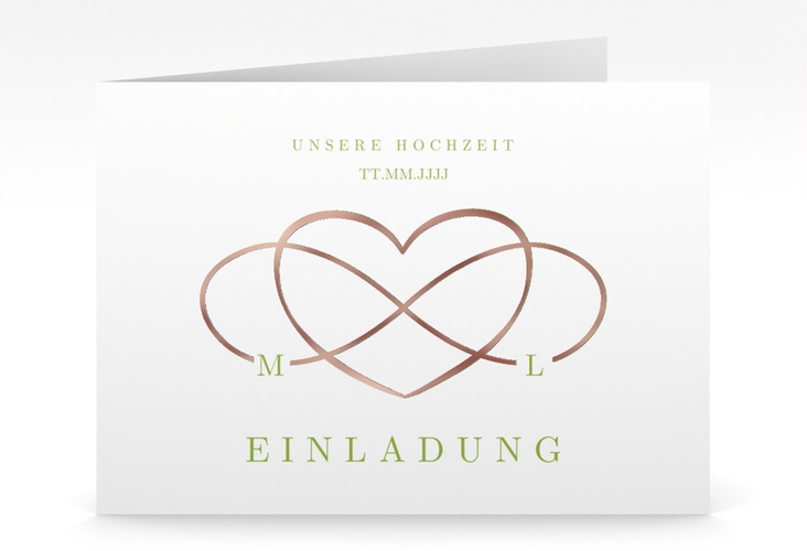 Hochzeitseinladung Infinity mittlere Klappkarte quer gruen rosegold