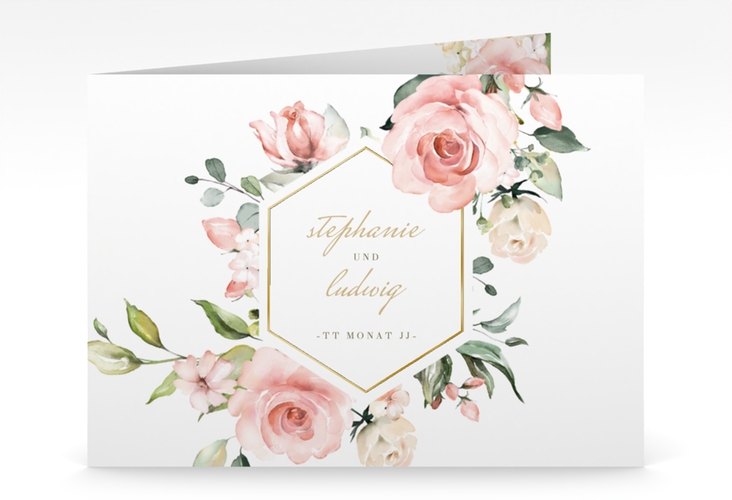 Hochzeitseinladung Graceful mittlere Klappkarte quer weiss gold mit Rosenblüten in Rosa und Weiß