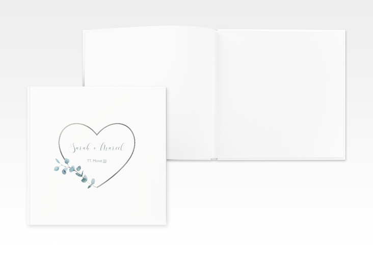 Gästebuch Creation Hochzeit Greenheart 20 x 20 cm, Hardcover silber mit elegantem Herz und Eukalyptus-Zweig