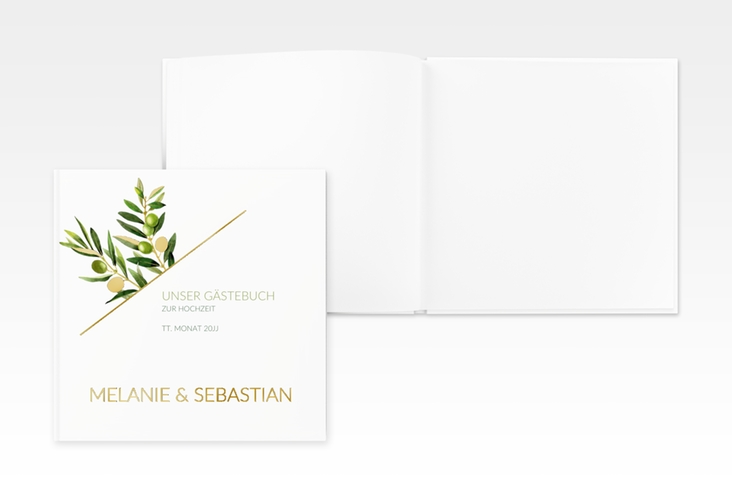 Gästebuch Creation Hochzeit Olivenzweig 20 x 20 cm, Hardcover gold in Kraftpapier-Optik mit Blättern