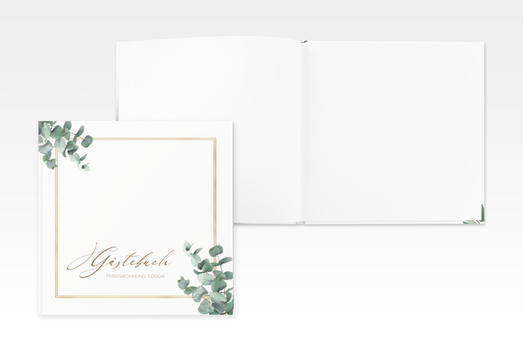 Gästebuch Creation Ferienwohnung Loggia 20 x 20 cm, Hardcover gold mit Eukalyptus-Zweigen