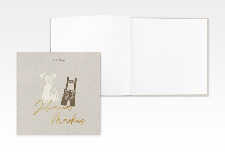 Gästebuch Creation Hochzeit Trachtenhochzeit 20 x 20 cm, Hardcover gold mit Dirndl und Lederhose