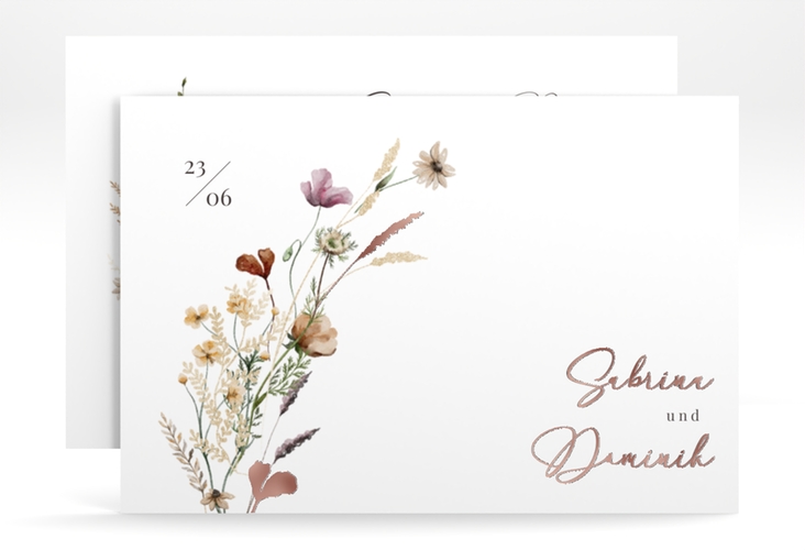 Save the Date-Karte Sauvages A6 Karte quer rosegold mit getrockneten Wiesenblumen