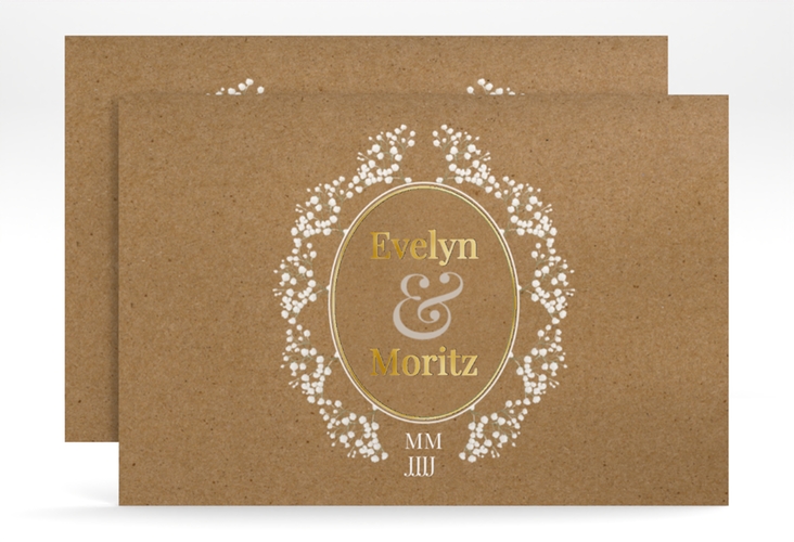 Save the Date-Karte Gypsophila A6 Karte quer gold im Vintage-Stil mit Blumenkranz aus Schleierkraut