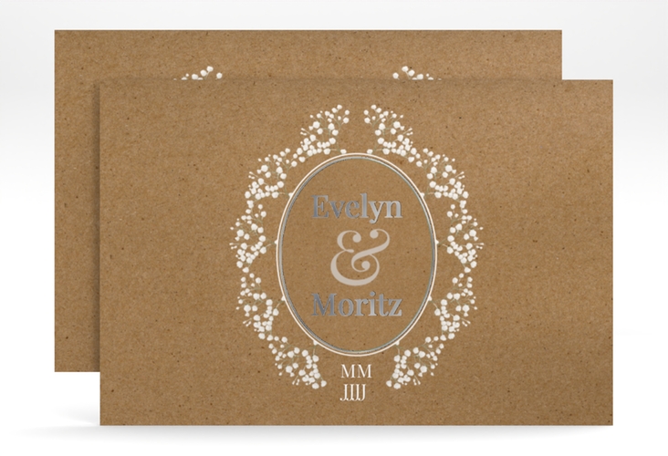 Save the Date-Karte Gypsophila A6 Karte quer silber im Vintage-Stil mit Blumenkranz aus Schleierkraut
