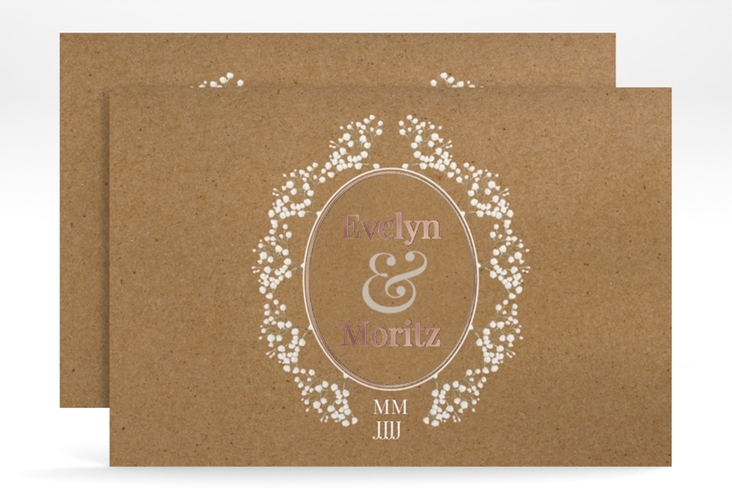 Save the Date-Karte Gypsophila A6 Karte quer rosegold im Vintage-Stil mit Blumenkranz aus Schleierkraut