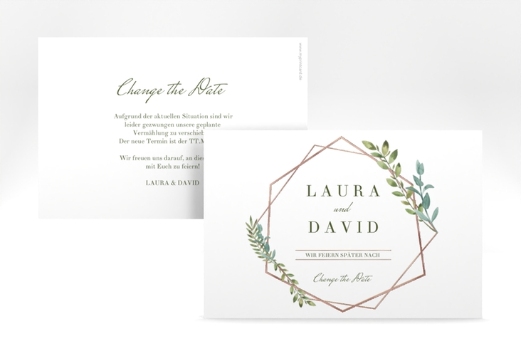 Change the Date-Karte Herbarium A6 Karte quer rosegold mit geometrischem Rahmen und Blätter-Dekor