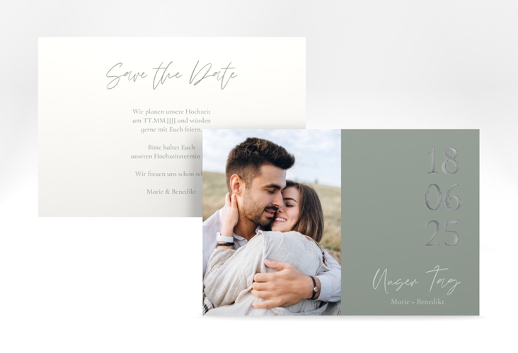 Save the Date-Karte Unser Tag A6 Karte quer silber mit Foto und großem Datum