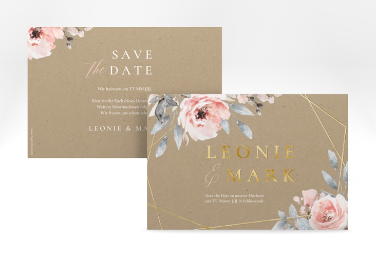 Save the Date-Karte Perfection A6 Karte quer gold mit rosa Rosen