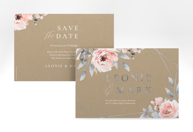 Save the Date-Karte Perfection A6 Karte quer silber mit rosa Rosen