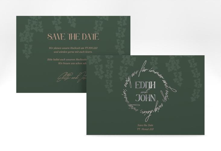 Save the Date-Karte Efeugrün A6 Karte quer silber im Fantasy-Elfen-Design mit Efeu