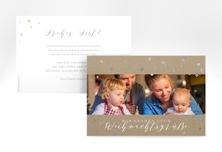 Weihnachtskarte Sternennacht A6 Karte quer silber für Weihnachtsgrüße mit Familienfoto