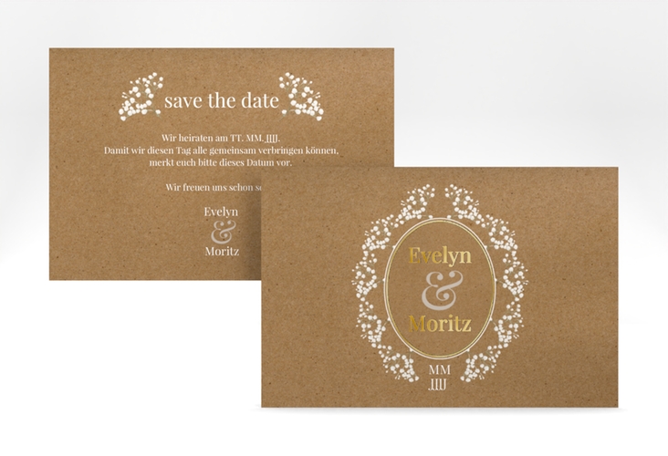 Save the Date-Karte Gypsophila A6 Karte quer gold im Vintage-Stil mit Blumenkranz aus Schleierkraut